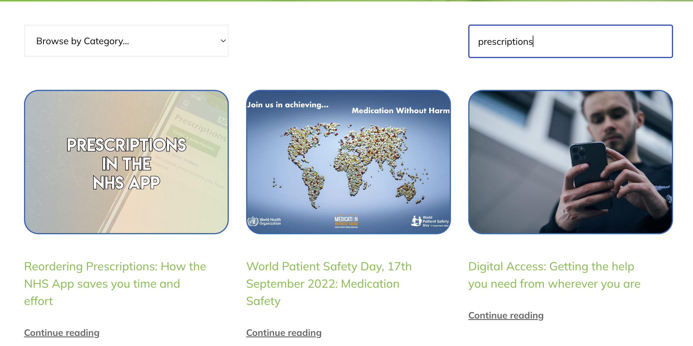 a screenshot of our website news page, the key workd prescriptions has been entered in the search box