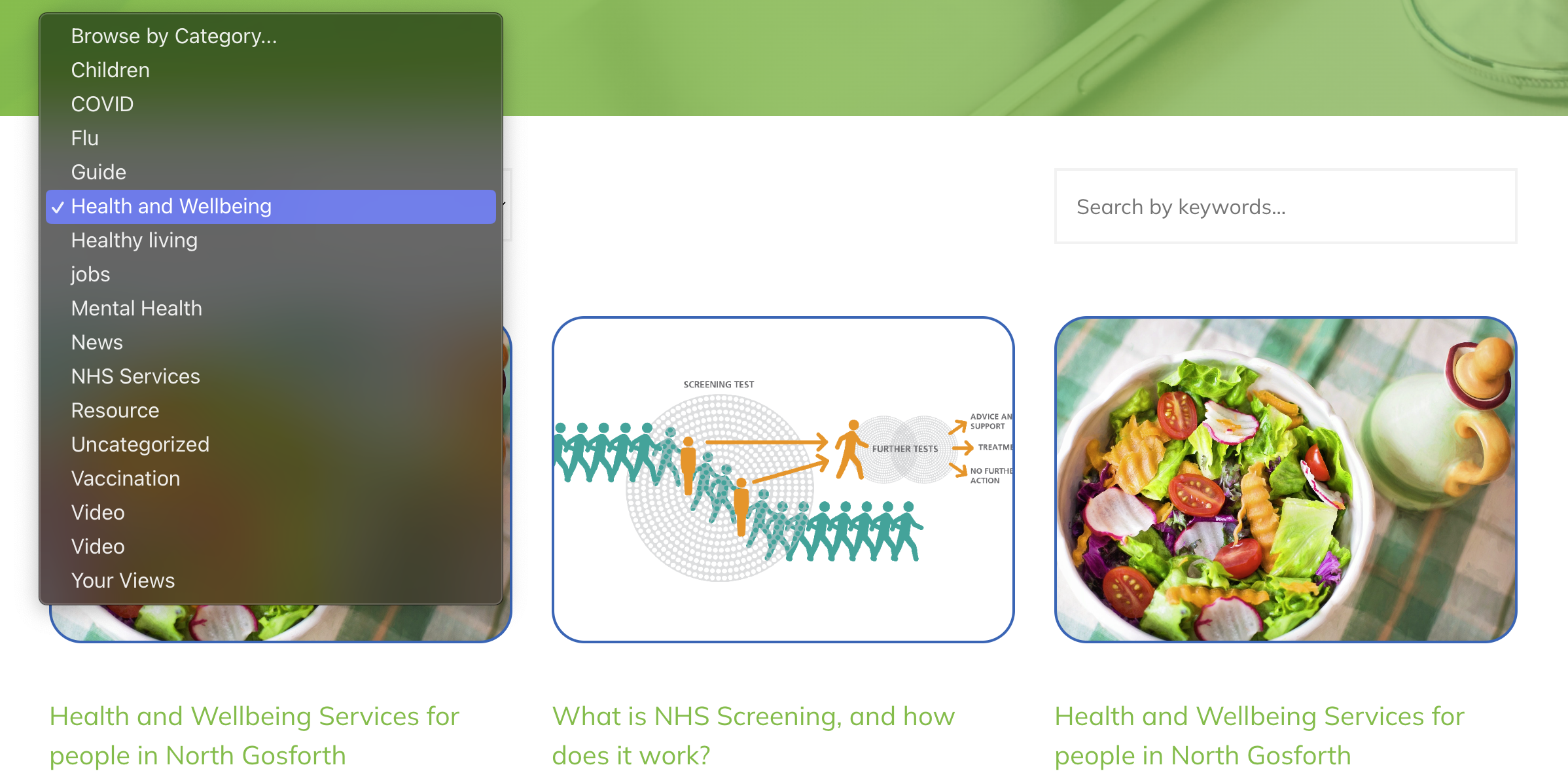 A screen show of a website news page, with the category 'Health and Wellbeing' selected