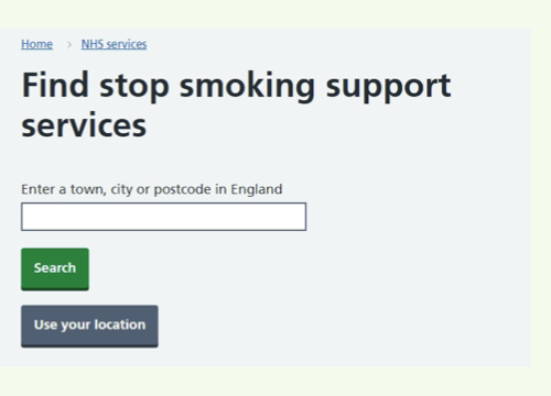 A screenshot of the NHS website find a stop smoking services 