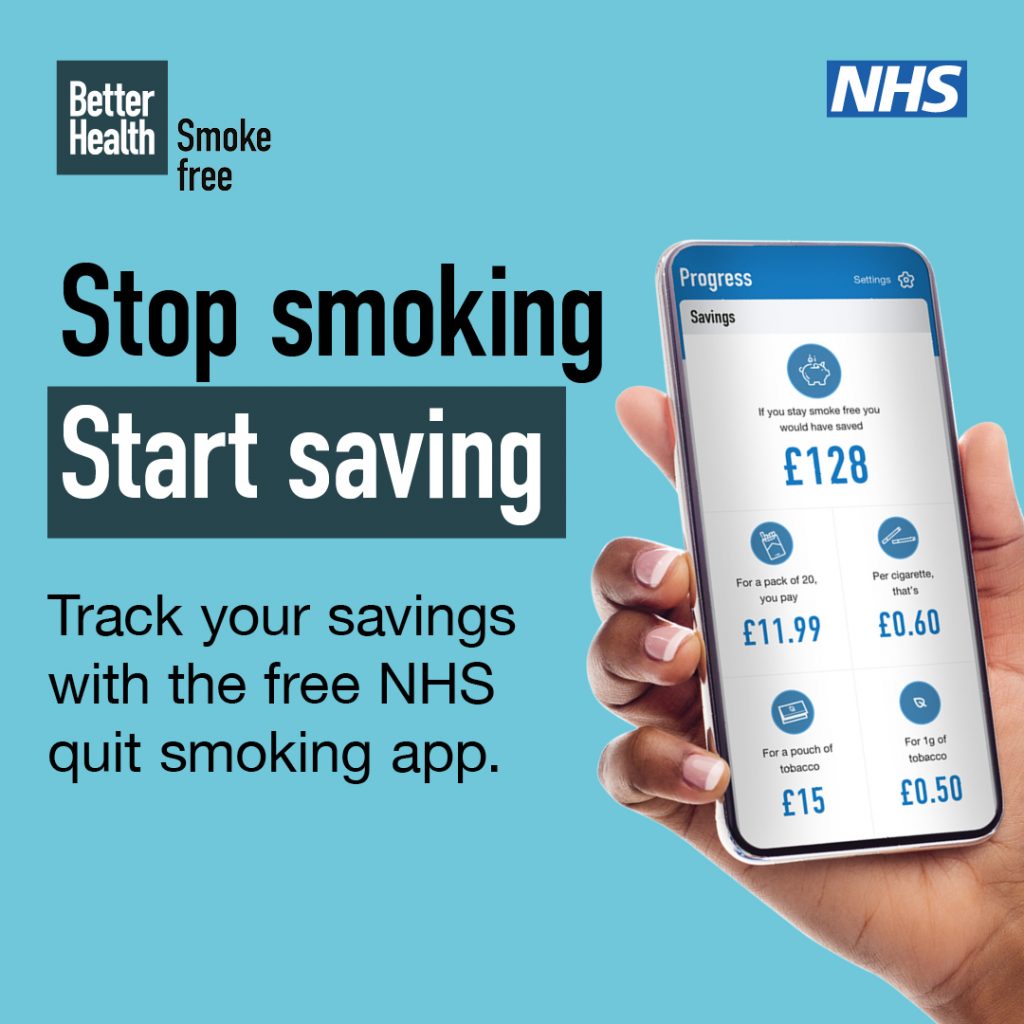 Stop smoking
Start saving
Track your savings with the free NHS quit smoking app.