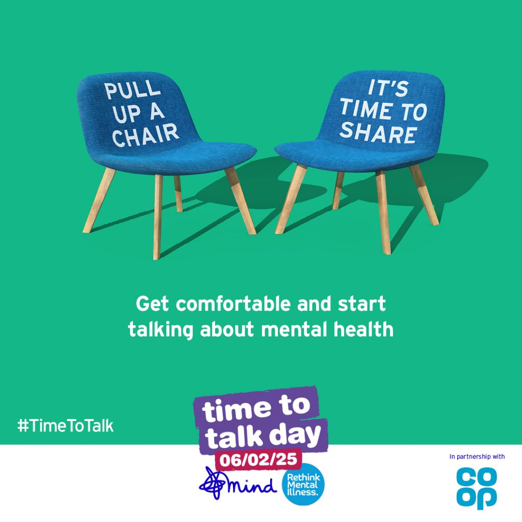 Two blue chairs with text "Pull Up a Chair" and "It's Time to Share." Below, "Get comfortable and start talking about mental health." Includes logos for Mind, Rethink Mental Illness, Co-op, and #TimeToTalk.