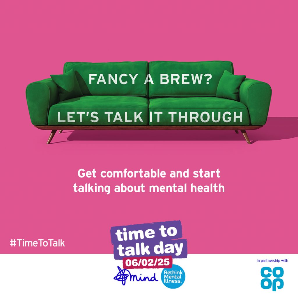 Green sofa on pink background with text: "Fancy a brew? Let's talk it through." Promotes Time to Talk Day on 06/02/25 for mental health awareness. Includes Mind, Rethink Mental Illness, and Co-op logos.