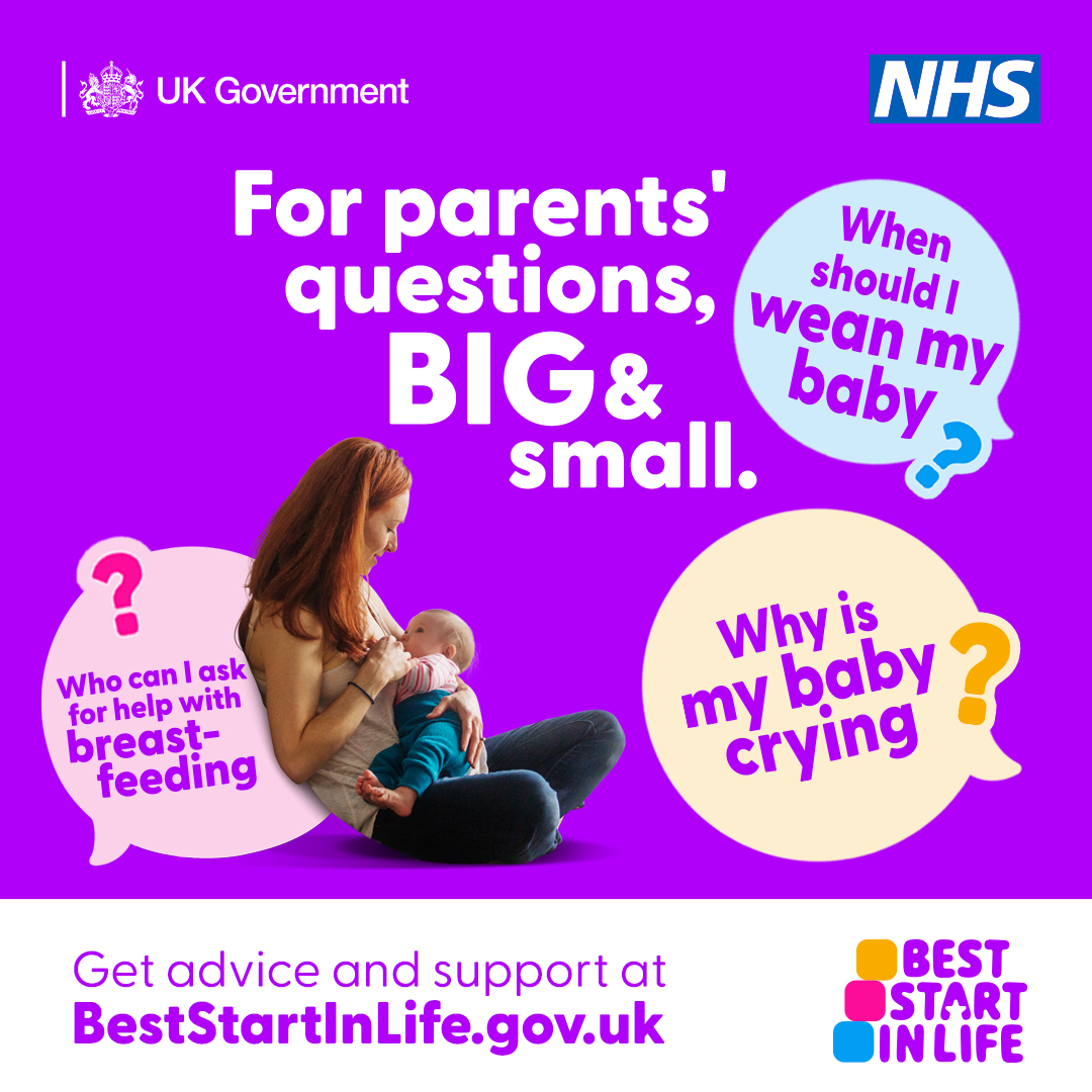 A woman is breastfeeding. Text overlay includes 'For parents' questions, BIG & small'