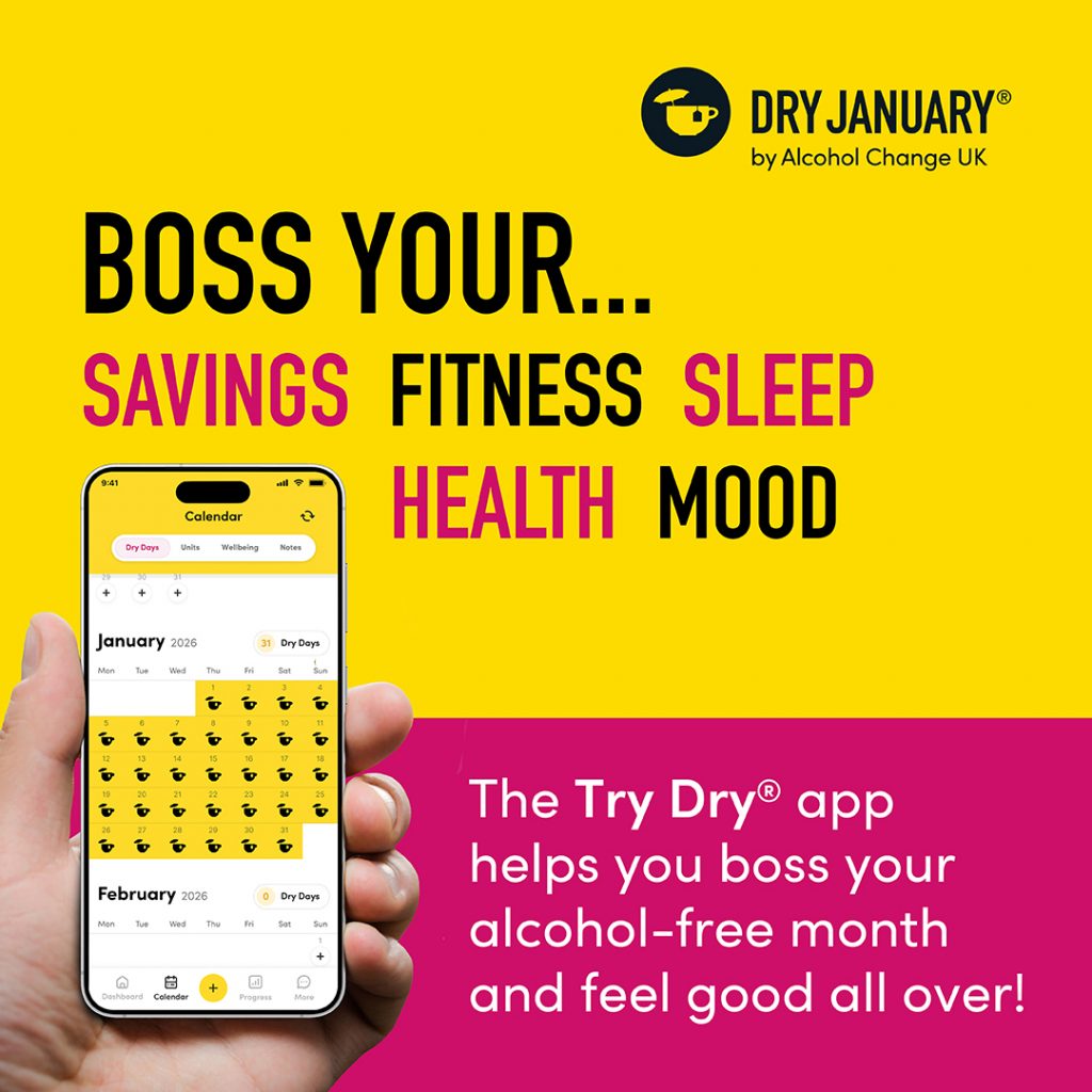 A promotional image for Dry January featuring a phone with the Try Dry app, and text encouraging improved savings, fitness, sleep, health, and mood by reducing alcohol.