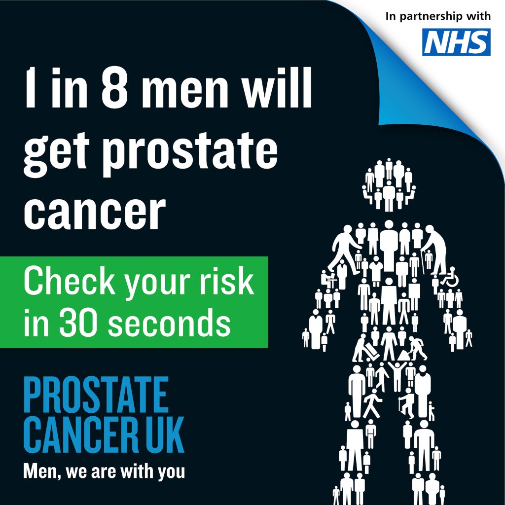 Image highlighting prostate cancer awareness: "1 in 8 men will get prostate cancer." Features silhouette made of smaller people icons. Includes NHS logo and message: "Check your risk in 30 seconds." Tone is informative and supportive.