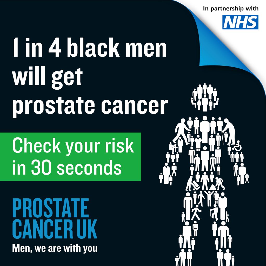 Bold text reads, "1 in 4 black men will get prostate cancer." A human figure made of smaller figures symbolizes community. "Check your risk" in a green box. Prostate Cancer UK logo and NHS partnership noted. Tone: urgent and supportive.