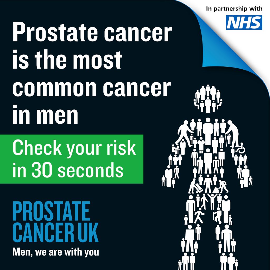 Prostate cancer awareness poster with white text on black background: "Prostate cancer is the most common cancer in men." Features human figure made of smaller silhouettes, a green box stating "Check your risk in 30 seconds," and logos for NHS and Prostate Cancer UK.