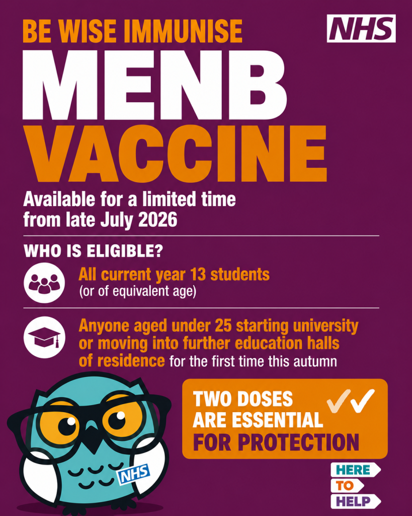 An NHS health poster on a purple background about the MenB vaccine, featuring an owl mascot and eligibility details for students and young adults.