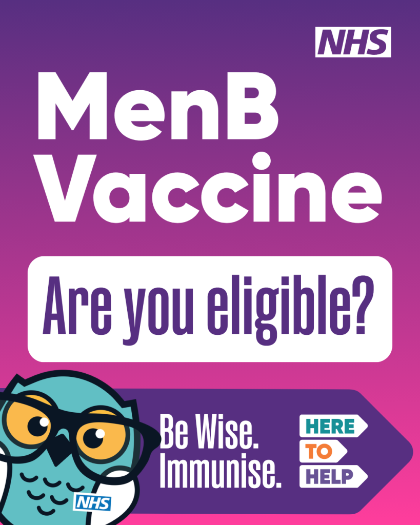 An NHS poster on a purple background titled MenB Vaccine, asking Are you eligible? with a cartoon owl wearing glasses and the text Be Wise. Immunise.