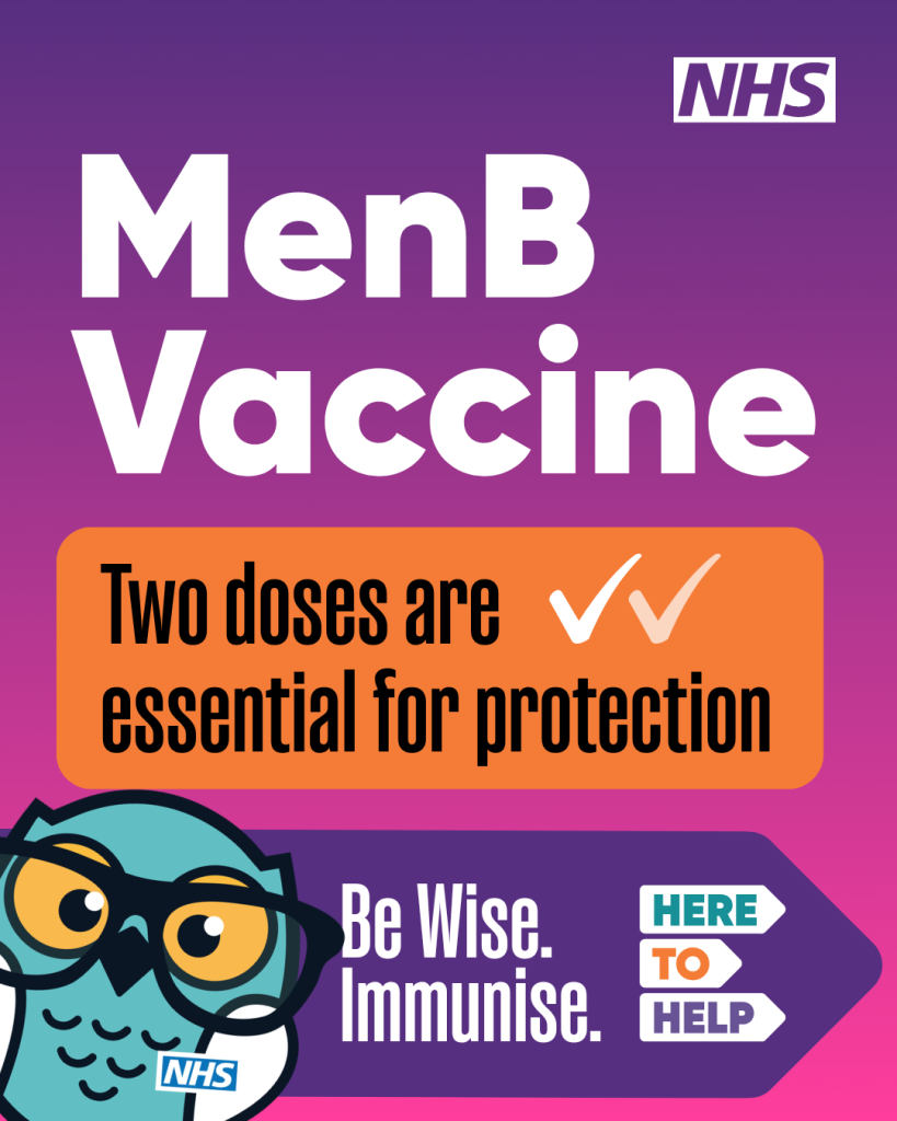 An NHS health poster about the MenB vaccine, stating two doses are essential for protection, featuring a cartoon owl wearing glasses and text.